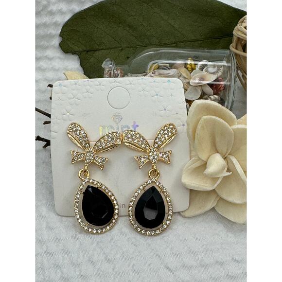 Gold Bow Drop Earrings with Black Teardrop Crystal and Rhinestone Accents - NEW - Picture 1 of 5